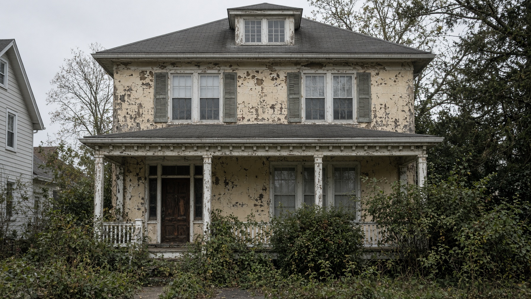 A weathered foursquare before scraping, priming, and a new finish