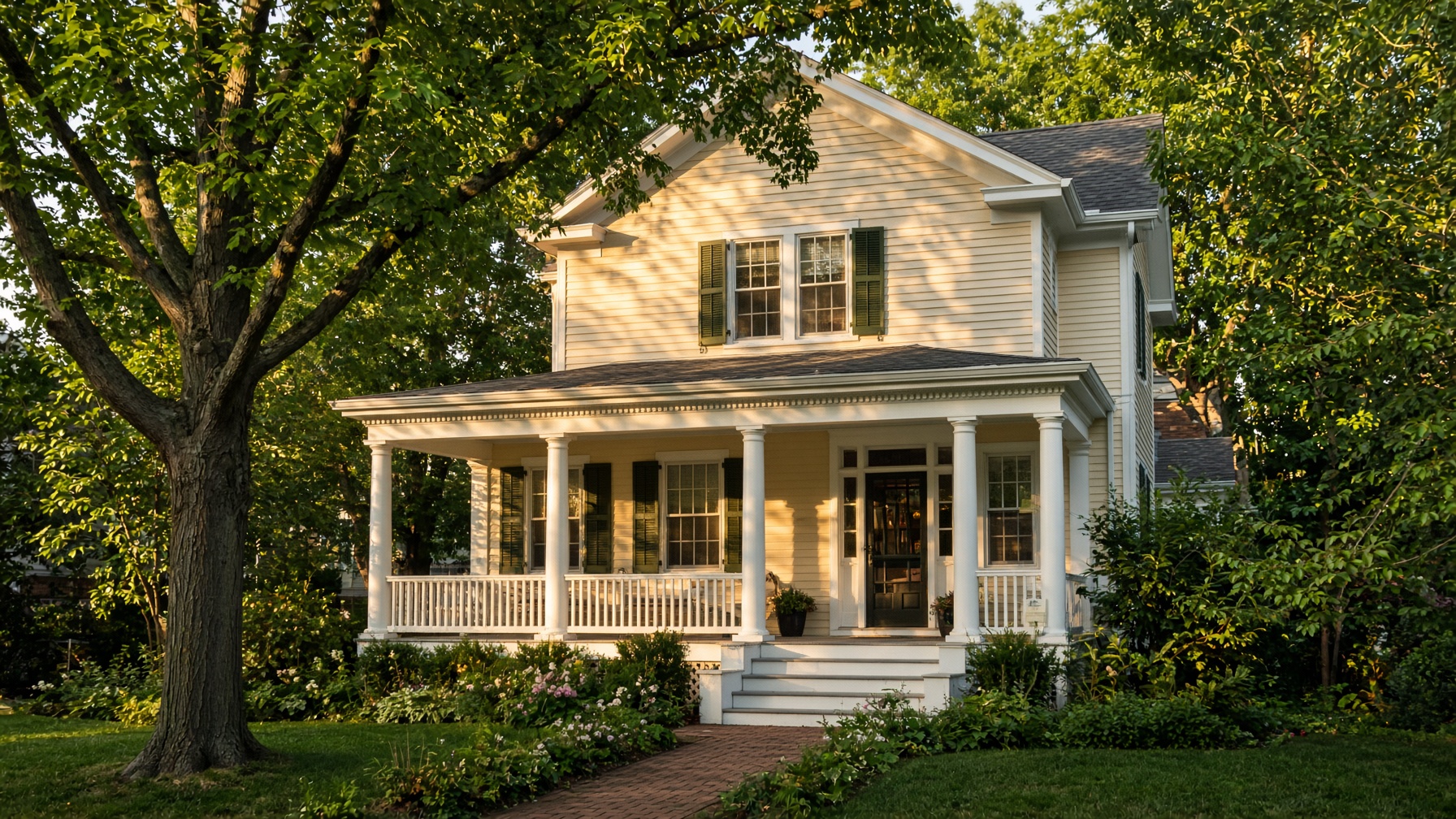 A cream foursquare with olive shutters and white trim at golden hour